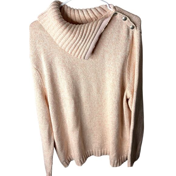 Chaps Cozy Funnel Neck Sweater Plus 3XL Pink Cream Button Shoulder Classic Style - Picture 1 of 9